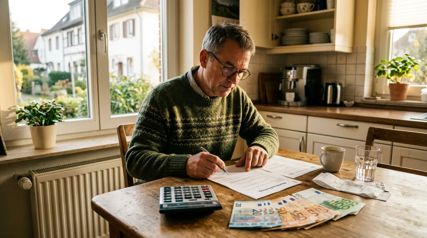 Hausbesitzer prüft Förderdokumente am Küchentisch