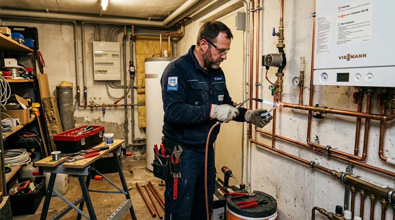 Installateur bei der Heizungsinstallation